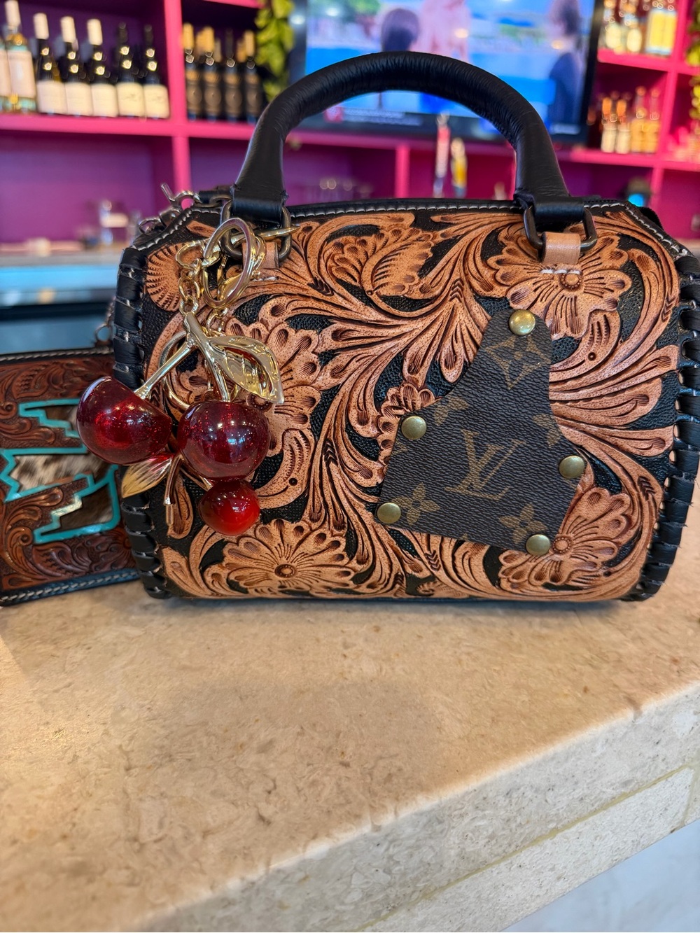Hand Tooled Genuine Leather Upcycled Speedy Bag, Crossover Strap, Cherry Charm
